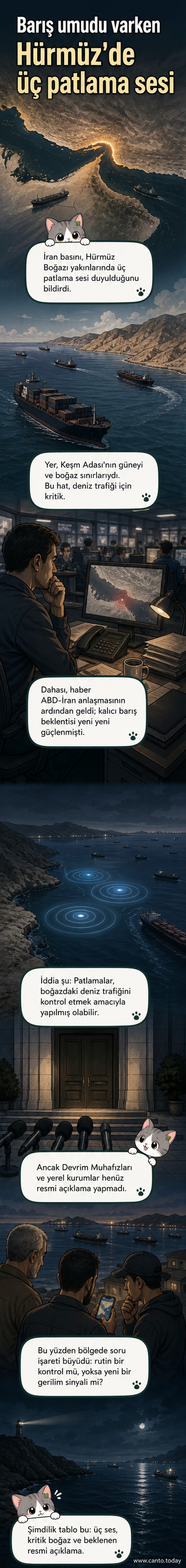 Hürmüz Boğazı yakınlarında deniz trafiği sırasında patlama sesleri duyuldu, arka planda gemiler görülüyor.