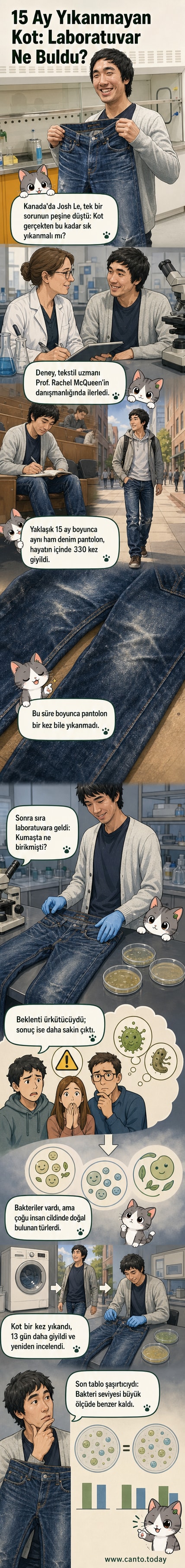 Bir laboratuvar teknisyeni elinde kot pantolon parçası incelerken, arkada mikroskop ve analiz cihazları görünüyor.