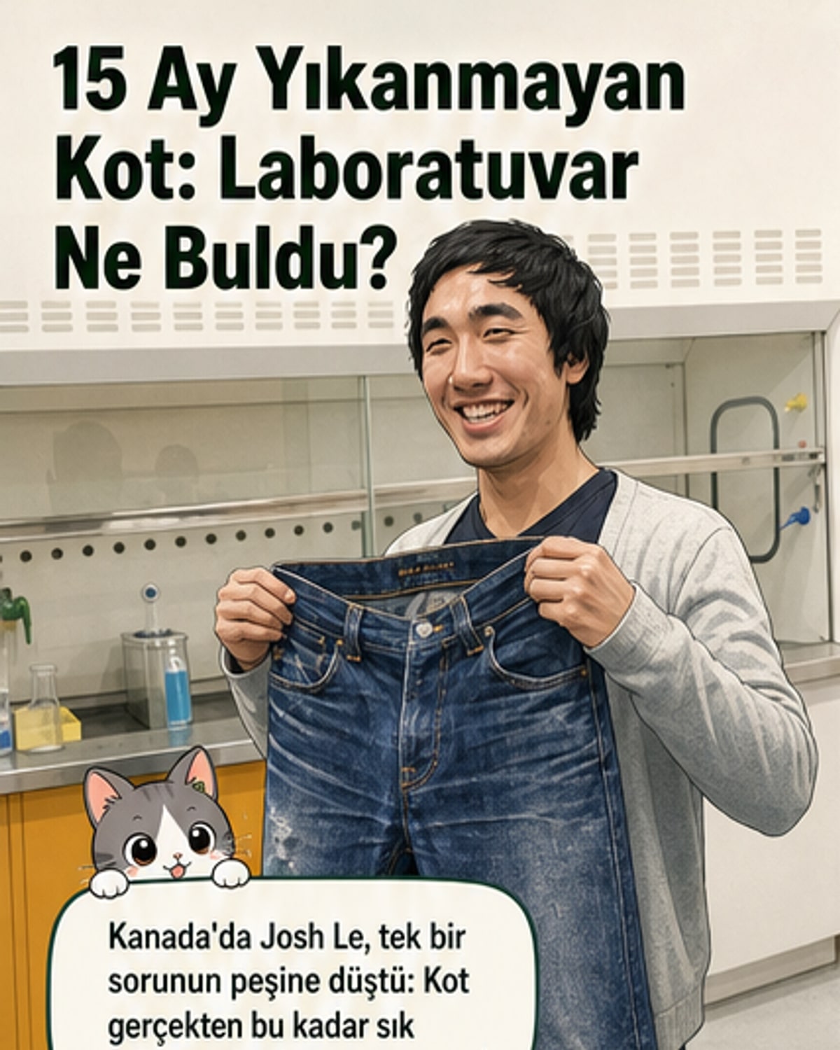 Bir laboratuvar teknisyeni elinde kot pantolon parçası incelerken, arkada mikroskop ve analiz cihazları görünüyor.