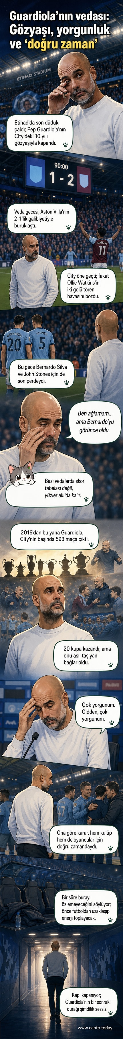 Pep Guardiola, Etihad Stadyumu'nda gözyaşlarına boğulurken, Bernardo Silva ve diğer oyuncularla birlikte sahada duruyor.