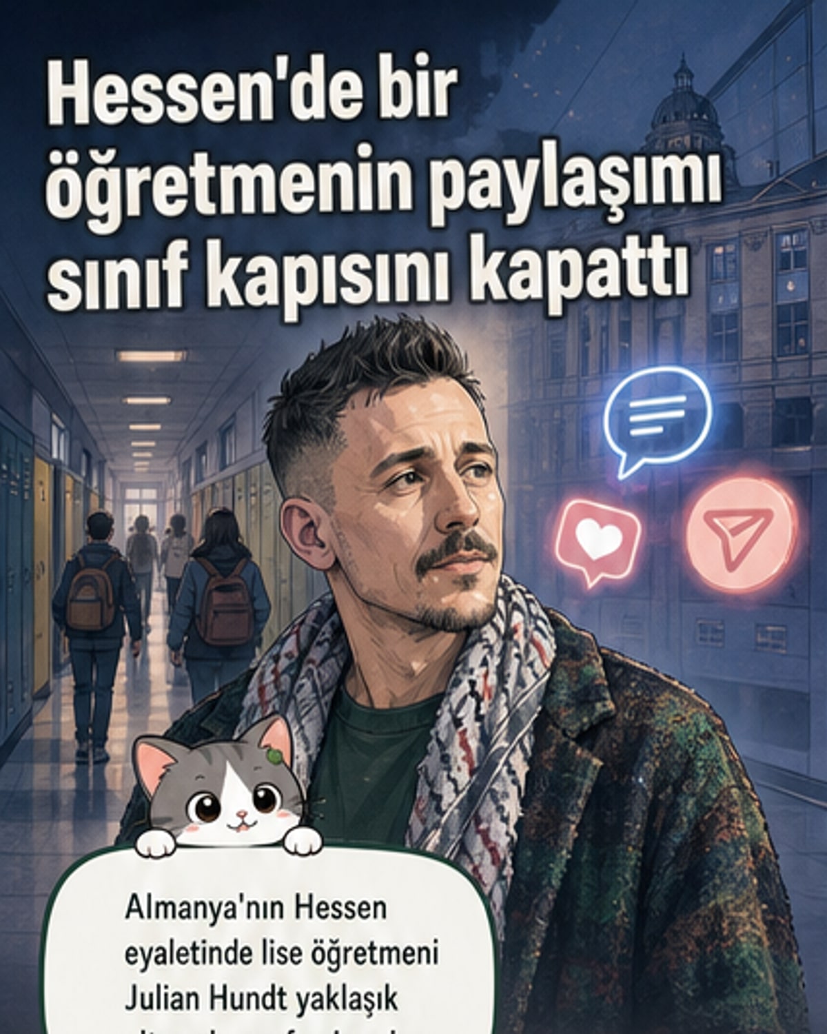 Bir öğretmenin sınıf ve sosyal medya paylaşımları arasındaki sınırı gösteren görsel, Almanya'da ifade özgürlüğü tartışması.