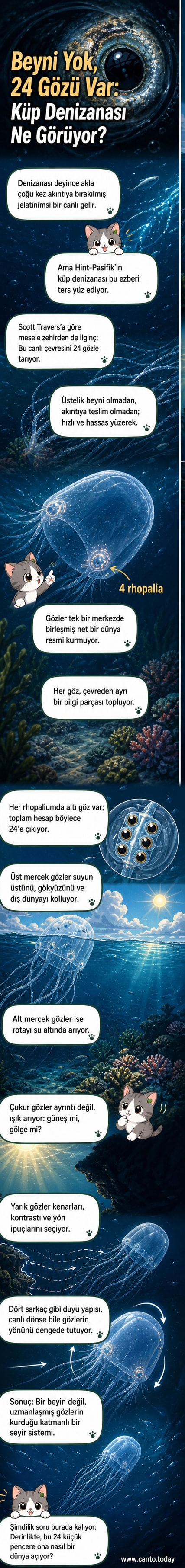 Küp denizanası, 24 gözle çevresini algılayan ve beyni olmayan bir canlı.