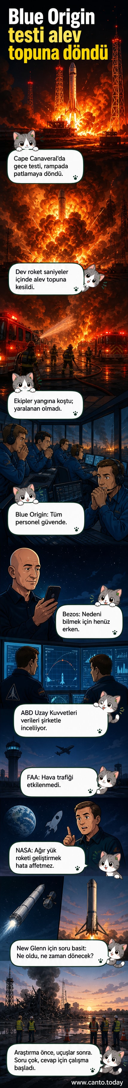 Gece vakti, Cape Canaveral'daki fırlatma rampasında patlayan Blue Origin roketi, gökyüzünü alevlerle aydınlatıyor.