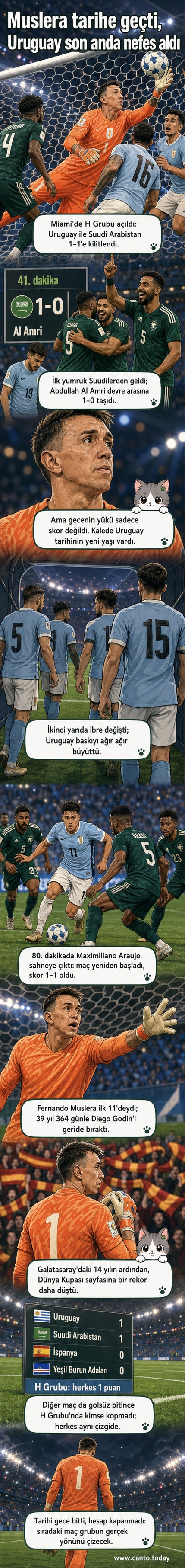 Fernando Muslera, Uruguay formasıyla sahada duruyor, arkada taraftarlar ve stadyum ışıkları var.