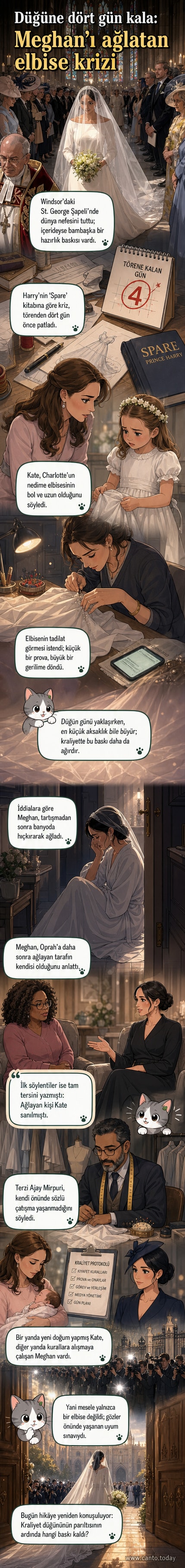 Stilize kraliyet düğünü sahnesi, iki kadın arasında gergin bir an, birinin elinde bir elbise, diğeri duvara yaslanmış, duygusal bir anı yansıtan bir görsel.