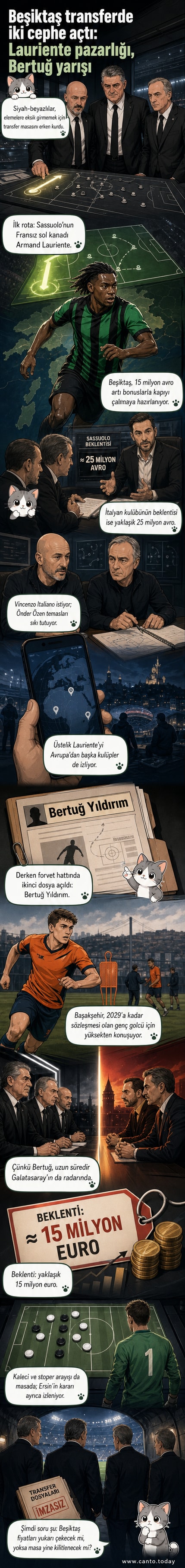 Beşiktaş forması giyen iki oyuncu tasviri, biri sol kanatta top sürerken, diğeri kaleye şut çekiyor. Arka planda stat ve taraftarlar.