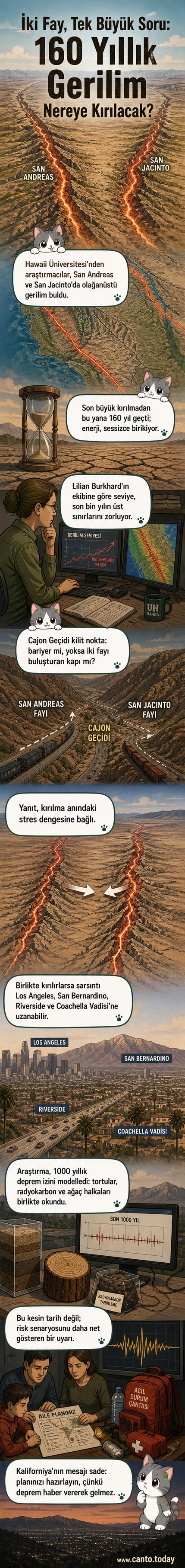 San Andreas ve San Jacinto fay hatları boyunca enerji birikimi gösteren jeolojik bir harita, üzerinde Los Angeles, San Bernardino ve Coachella Vadisi gibi şehirler işaretli.