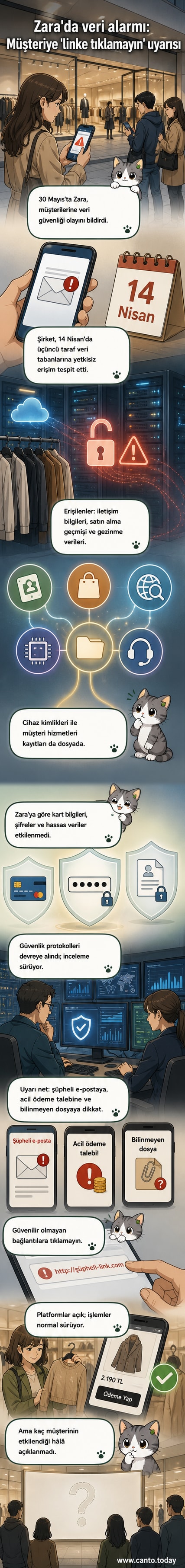 Zara mağazasının vitrini önünde bir telefon ekranında 'veri ihlali' uyarısı çıkan bir sahne. Arkada dikkat çeken güvenlik simgeleri ve uyarı işaretleri var.
