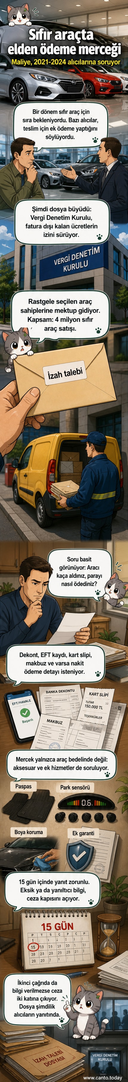 Bir el, bir otomobilin anahtarını tutarken, arka planda bir vergi mektubu ve banka dekontları görülüyor. Üstte 'Sıfır araç alanlar vergi denetiminde' yazıyor.