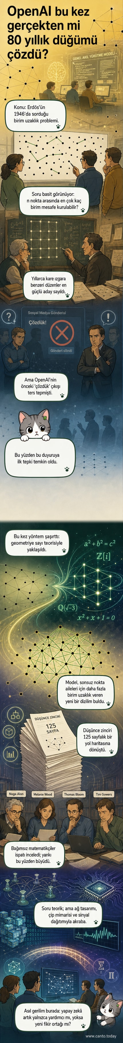 Bir yapay zekâ modeli, geometrik noktalar arasındaki birim uzaklık problemini çözerken sayı teorisi kullandığını gösteren bir görsel akış.