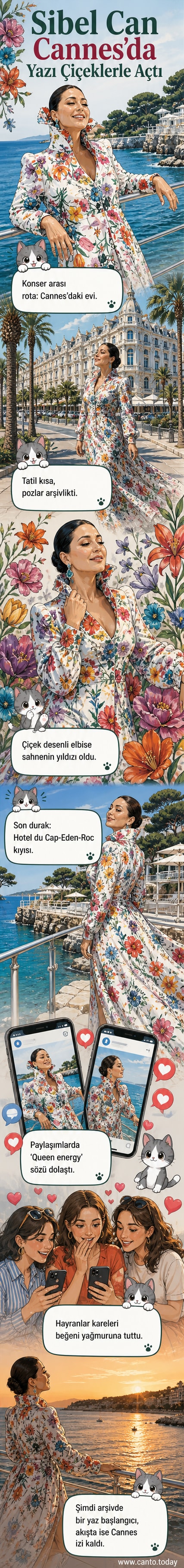 Sibel Can, çiçek desenli Gucci elbisesiyle Cannes'da poz veriyor, arka planda lüks oteller görünüyor.