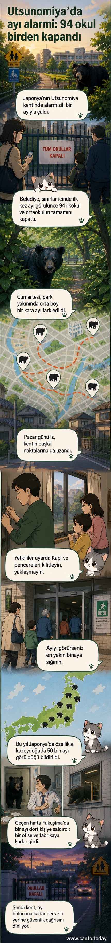 Japonya'da bir sokakta duran kara ayı, etrafı korkuyla izleyen insanlar ve '94 okul kapalı' yazılı tabelalar.