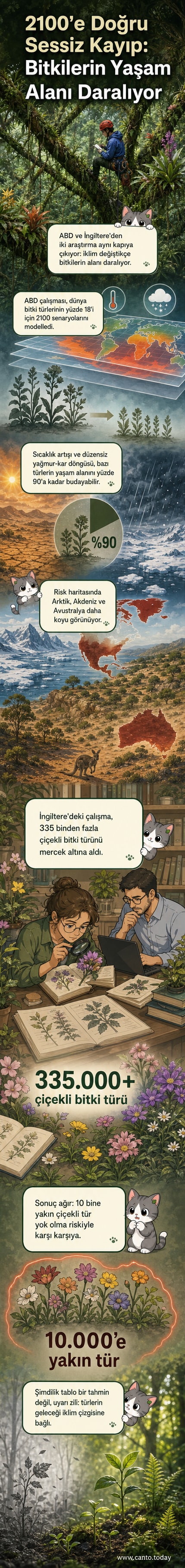 Bir dünya haritası üzerinde, Arktik, Akdeniz ve Avustralya bölgelerinde bitki türlerinin azalmasıyla ilgili uyarı işaretleriyle gösterilen bir webtoon kapak paneli.