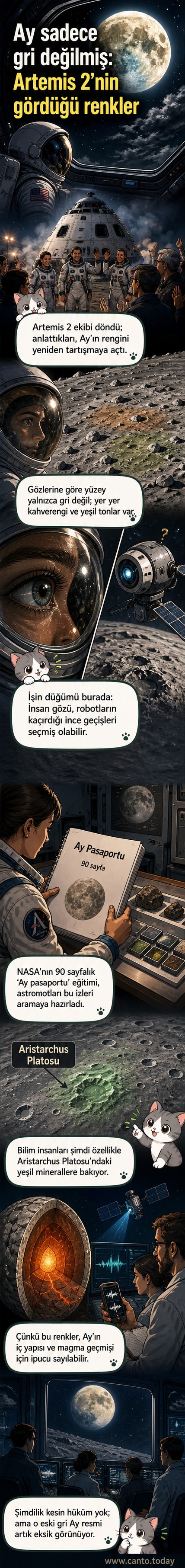 Ay'ın yüzeyinde gri tonların yanında kahverengi ve yeşil alanlar gösteren bilimsel illüstrasyon