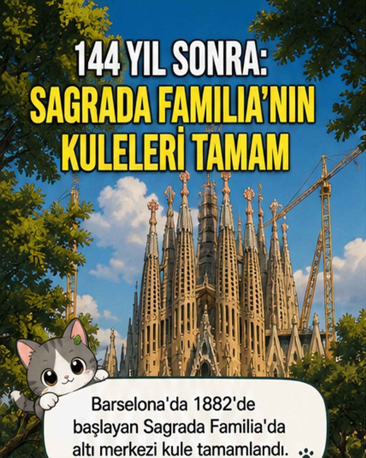 Sagrada Familia'nın yeni tamamlanan kuleleri, Barselona gökyüzünde yükseliyor, modüler paneller ve dijital teknoloji ile inşa süreci vurgulanıyor.