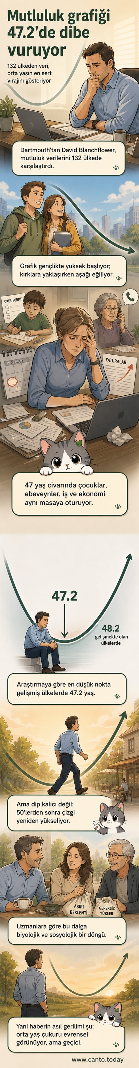 Bir grafikte U-eğrisi şeklinde gösterilen insan mutluluğu, 47.2 yaşında zirve yapan bir mutsuzluk noktasına ulaşır.