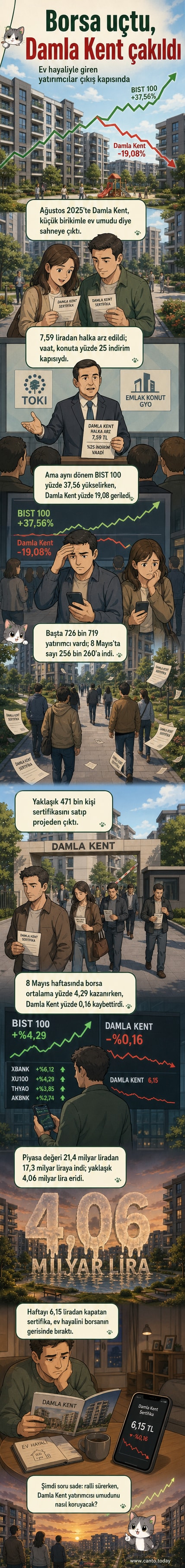 Borsa grafiğinin yükseldiği arka planda Damla Kent sertifikalarının değer kaybettiğini gösteren düşen bir ok, yatırımcı kalabalığı dağılıyor.