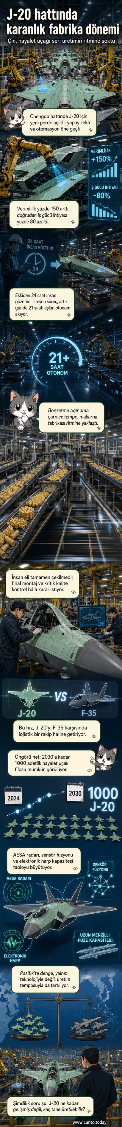 Çin'in Chengdu tesislerinde J-20 savaş uçakları robotik kol ve akıllı bantlarla seri halde üretiliyor.