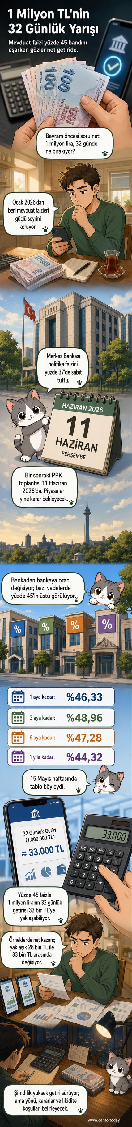 Bir el, bir banknot tutarken, arka planda yükselen grafikler ve banka logoları görülüyor. Ekranın üst kısmında 'Mevduat Faizleri 2026' yazısı yer alıyor.