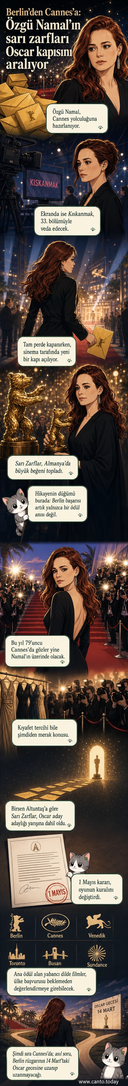 Özgü Namal, kırmızı halıda poz verirken, arka planda Cannes ve Berlin film festivali logoları yer alıyor.