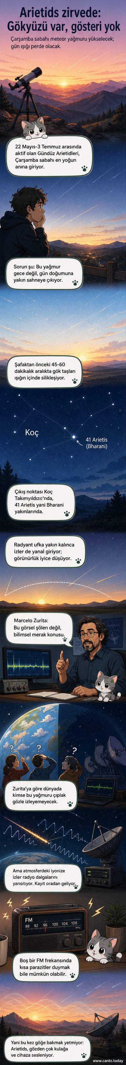 Şafak vakti Koç takımyıldızı yönünde görünmeyen meteorların izini yansıtan radyo dalgaları gösteren bilimsel illüstrasyon