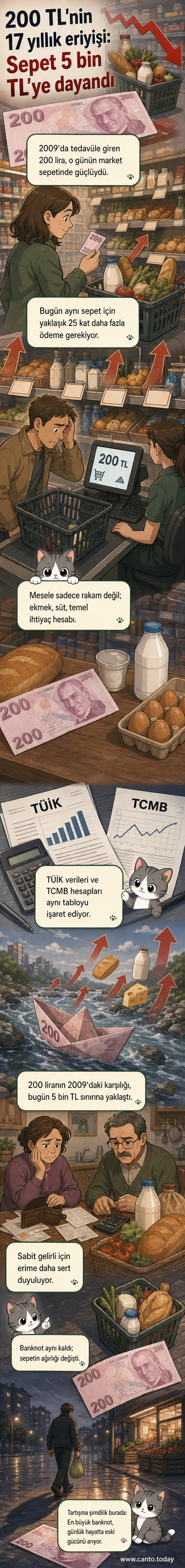200 TL banknotunun 17 yıl içinde alım gücünü kaybetmesini gösteren bir grafik: 2009'da 200 TL ile alınan market sepeti, 2026'da 5.000 TL'ye denk geliyor.