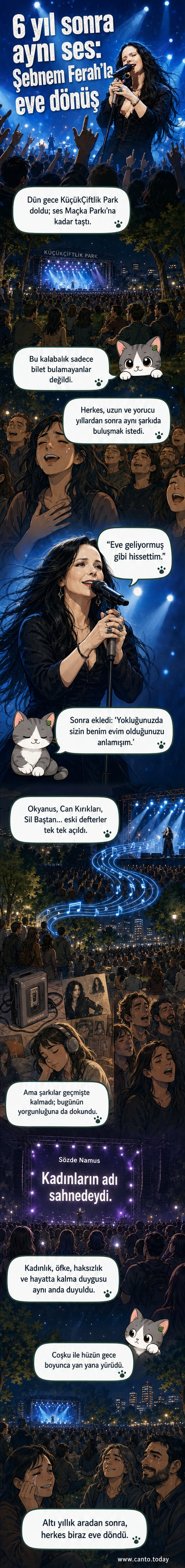 Şebnem Ferah, ışıklandırılmış bir sahnede mikrofon tutarak performans sergiliyor; önünde büyük bir kalabalık coşkuyla eşlik ediyor.