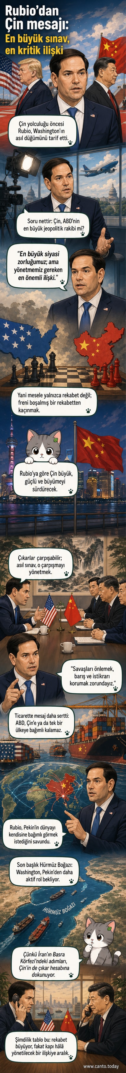 ABD Dışişleri Bakanı Rubio ve Çin bayrağı karşı karşıya, arka planda dünya haritası üzerinde gerilimli bir hava.