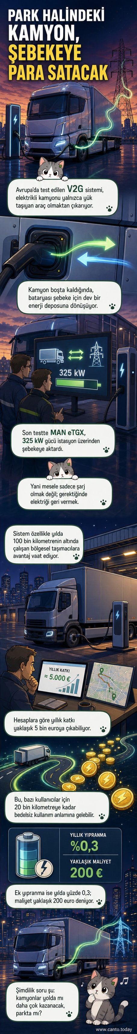 Elektrikli bir kamyon, şarj istasyonuna bağlıyken enerjiyi şebekeye geri gönderiyor. Grafiklerle desteklenmiş bir teknoloji görseli.