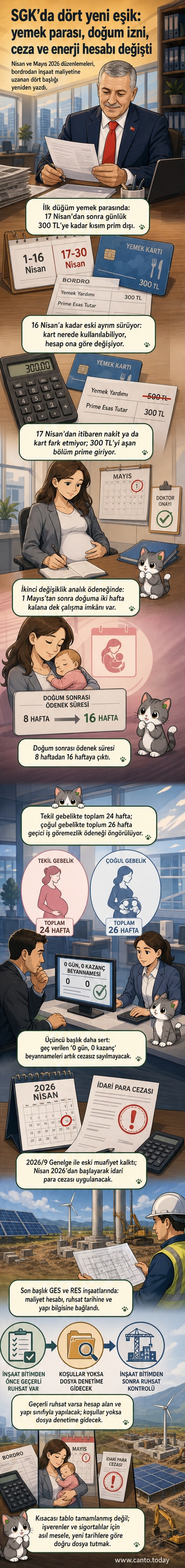 Dört sosyal güvenlik değişikliğiyle ilgili görsel bir özet: yemek kartı, doğum izni, beyanname ve enerji inşaatı simgeleri.