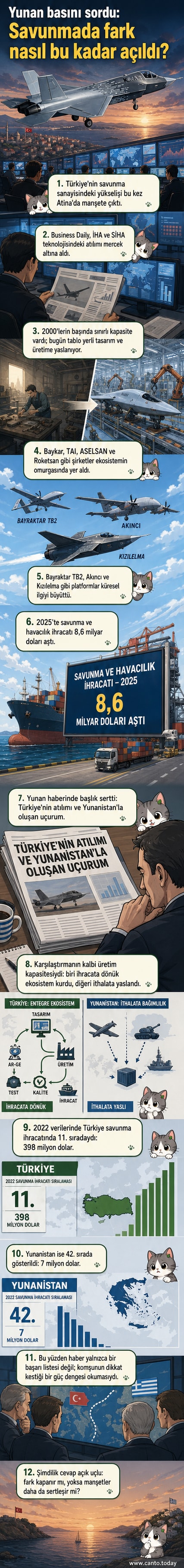 Türkiye'nin gelişen savunma sanayiini gösteren bir webtoon paneli: yerli İHA'lar ve savunma sistemleri harita üzerinde vurgulanmış, Yunanistan medyasının manşetleri arka planda.