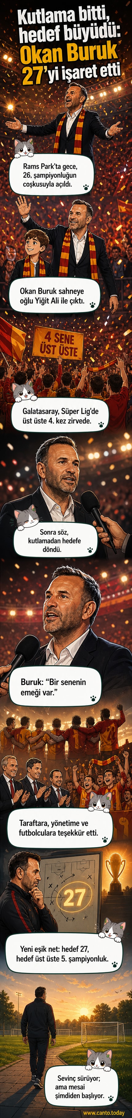 Okan Buruk, oğlu ile birlikte sahneye çıkarken, Galatasaray taraftarları coşkuyla kutlama yapıyor.