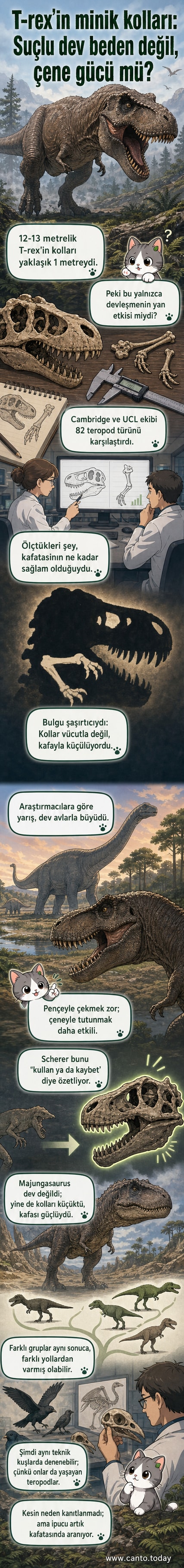 T-rex'in küçük kolları ve büyük kafatası arasındaki evrimsel ilişkiyi gösteren bir illüstrasyon.