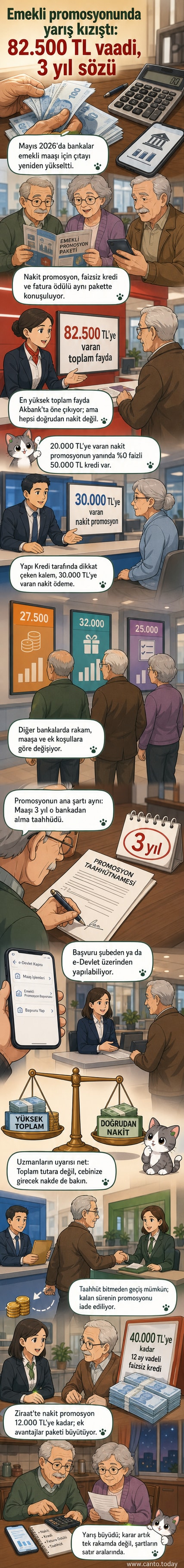 Türkiye haritası üzerinde banka logoları ve '82.500 TL' yazan bir afiş, emekli promosyon rekabetini simgeliyor