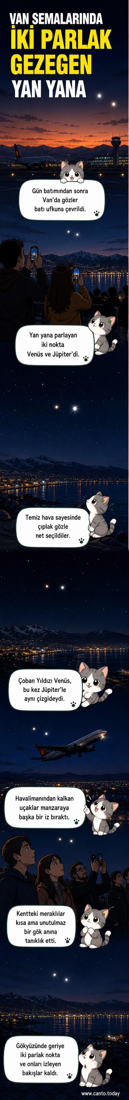 Van semalarında batan güneşin ardından Venüs ve Jüpiter'in yan yana göründüğü, ufkun hemen üzerinde parlayan iki parlak noktayı gösteren bir gökyüzü manzarası.