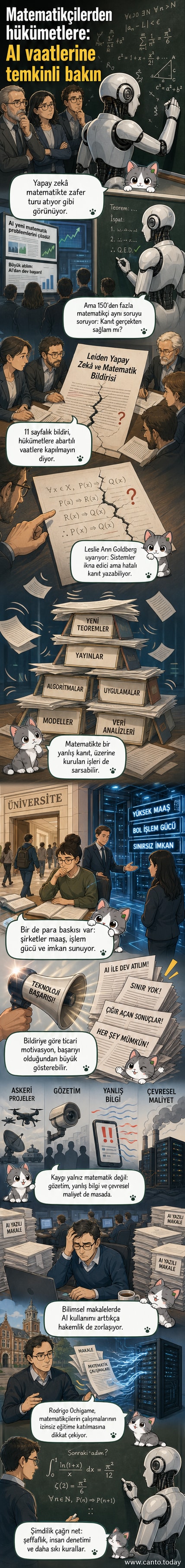 Bir matematik defteri ve dijital bir yapay zekâ ağı üzerinde duran bir uyarı ikonu, bilimsel güvenilirlik tartışmasını simgeliyor.