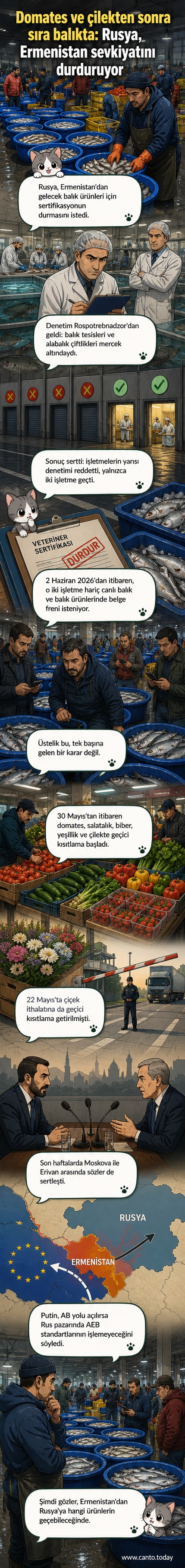 Ermenistan ve Rusya bayrakları arasında duran bir balık ürününün üzerinde yasak işareti var
