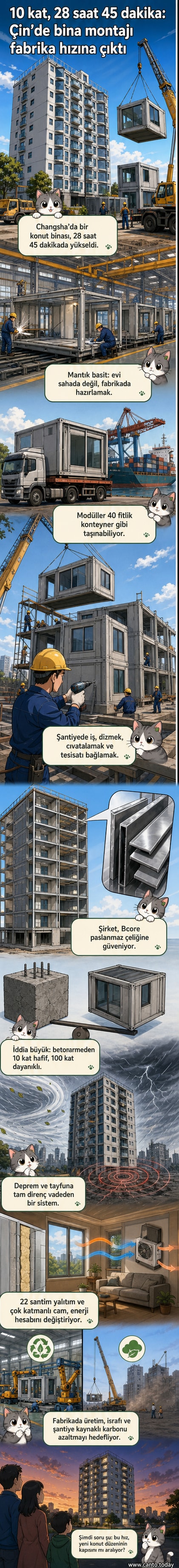 10 katlı bir konut binası, konteyner boyutundaki modüllerin üst üste montajı ile 28 saatte inşa ediliyor. Arka planda şehir manzarası görünüyor.