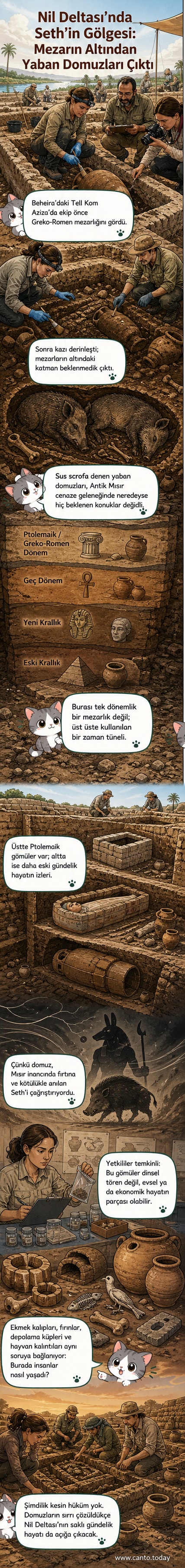 Antik Mısır’ın Tell Kom Aziza alanındaki kazıda ortaya çıkarılan yaban domuzu kalıntıları ve çevresindeki toprak katmanları