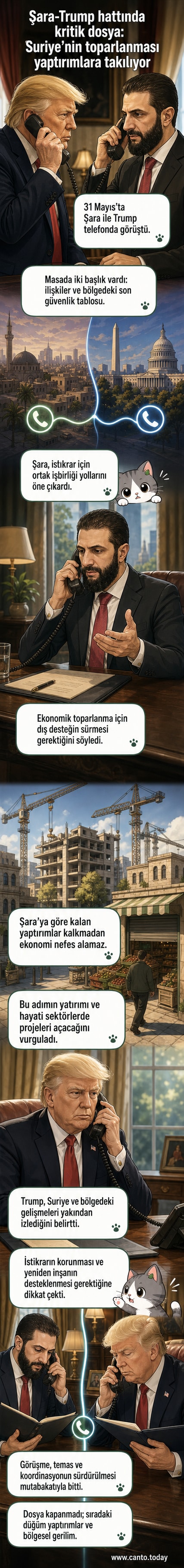 Suriye ve ABD bayraklarının arka planda olduğu iki liderin telefon görüşmesini temsil eden çizim
