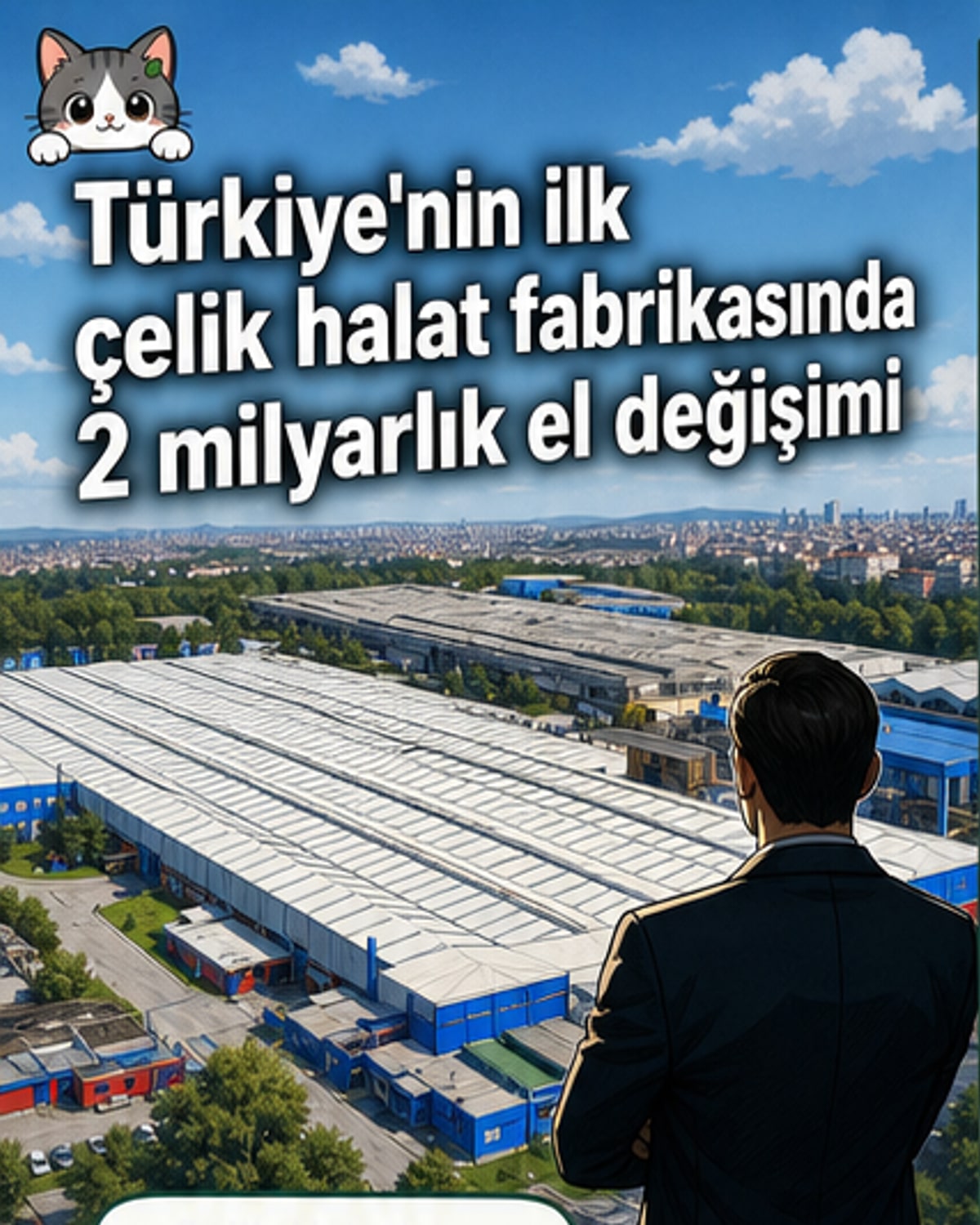 Çelik halat üreten bir fabrika sahnesi, arka planda dumanlı endüstriyel yapılar ve rulolar halinde çelik halatlar görünüyor