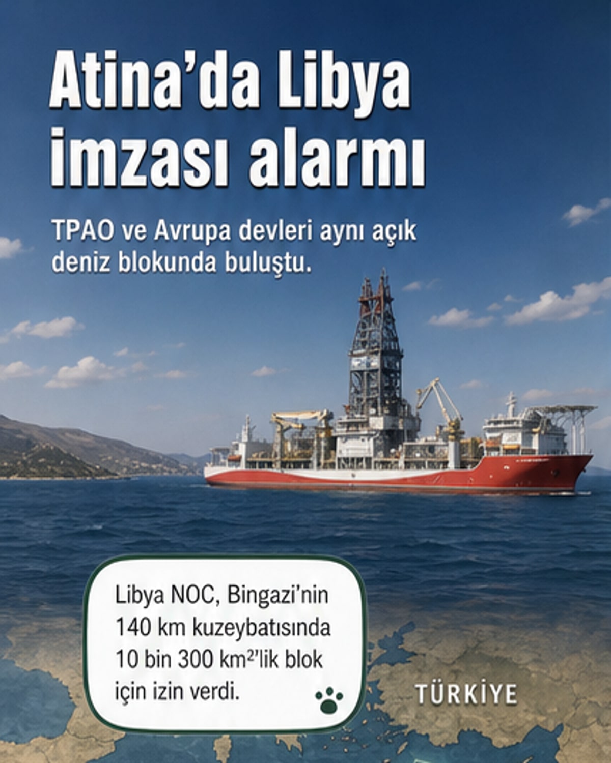 Akdeniz haritası üzerinde Türkiye, Libya ve Yunanistan'ın deniz sınırları yakınında enerji arama faaliyetlerinin işaretlendiği bir görsel