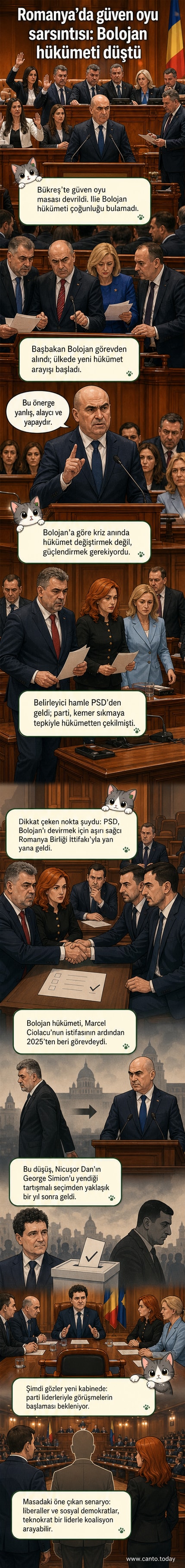 Romanya parlamentosunda gergin bir oturum sonrası hükümetin düştüğü anı yansıtan karikatür: Başbakan Bolojan koltuğundan ayrılırken, arka planda siyasi partilerin temsili figürler karşılıklı suçlamalar yapıyor.