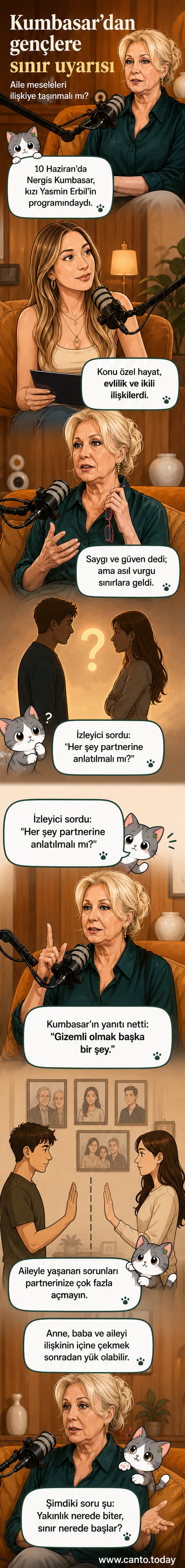 Nergis Kumbasar, bir televizyon programında otururken, yanında mikrofonlu bir sunucu ile birlikte görülüyor. İlişkiler ve aile bağları üzerine konuşuyor.