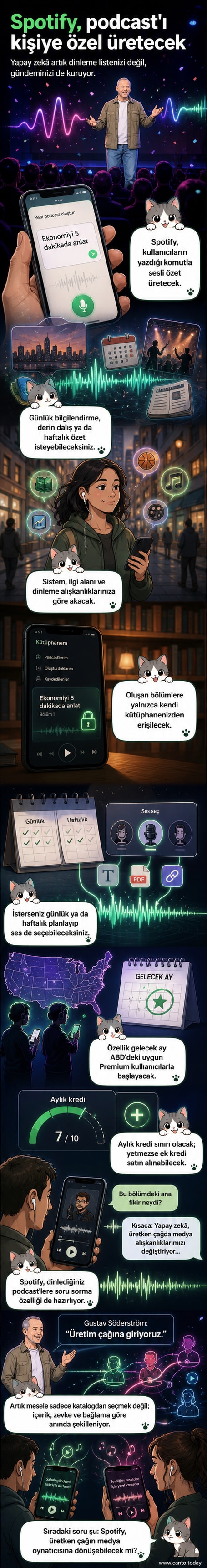 Spotify logosu önünde bir konuşma balonu ve yapay zekâ ikonu birleşiyor, kullanıcıların kendi podcast'lerini oluşturduğu bir dijital sahne