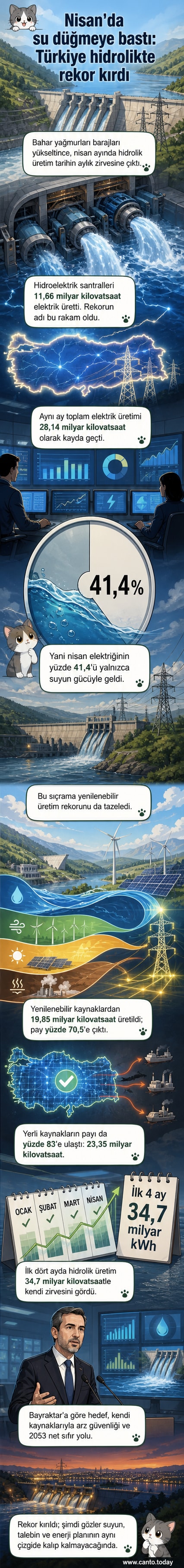 Türkiye haritası üzerinde dalgalar ve su damlalarıyla çevrelenmiş bir hidroelektrik santral görseli, yeşil enerji temalı arka plan
