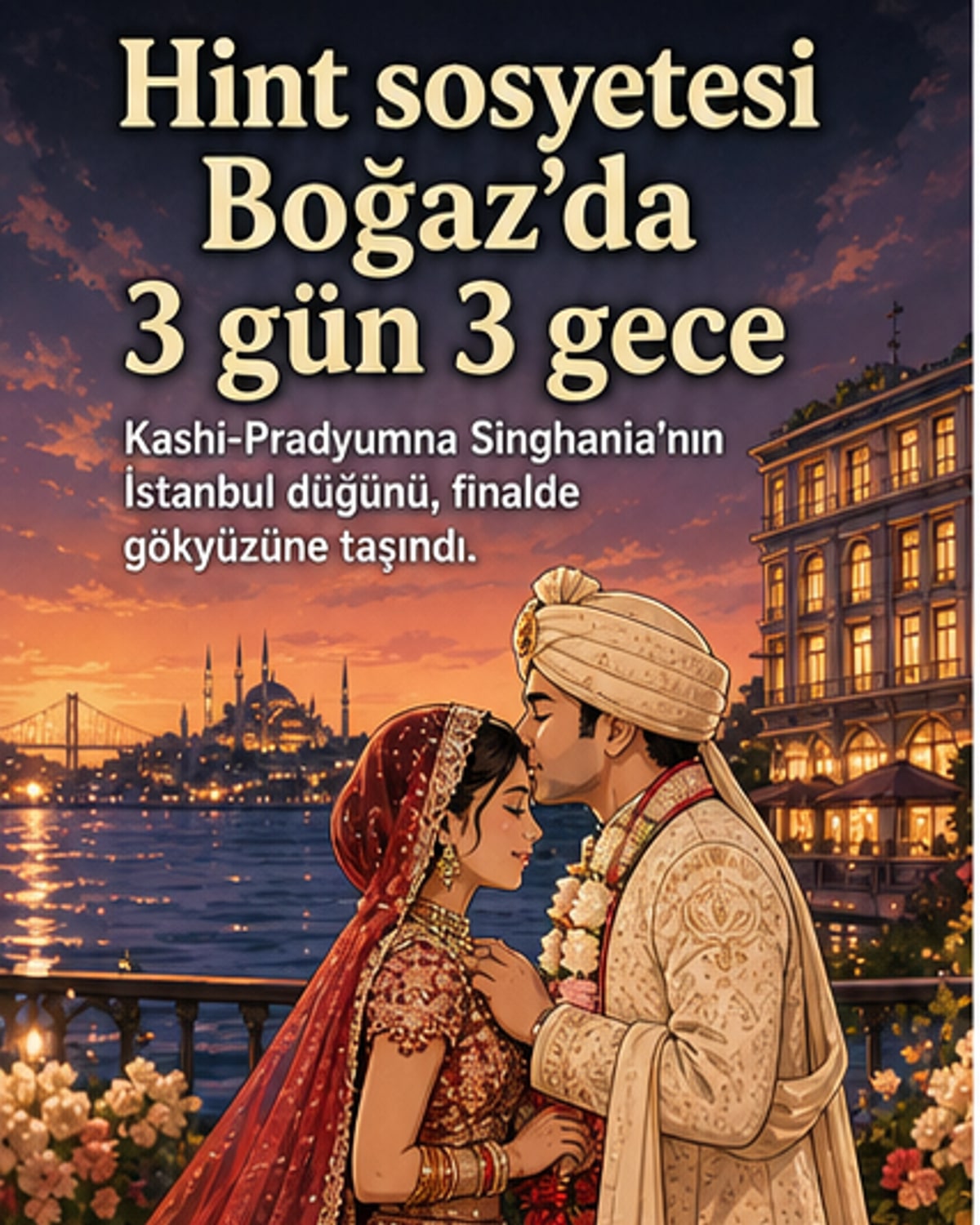 Boğaz kıyısında düzenlenen görkemli bir düğün töreni, ışıklarla aydınlatılmış otel ve davetliler arasında dans eden çifti gösteren illüstrasyon.