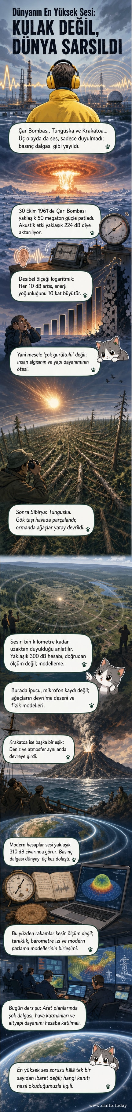 Tarihteki en yüksek seslerin kaynağı olan Çar Bombası, Tunguska ve Krakatoa olaylarının görselleştirilmesi.