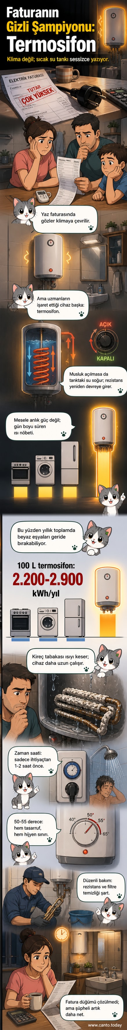 Bir evin banyosunda duvara monte edilmiş termosifon, elektrik faturası arka planda yanıp sönen bir ışıkla birlikte gösteriliyor