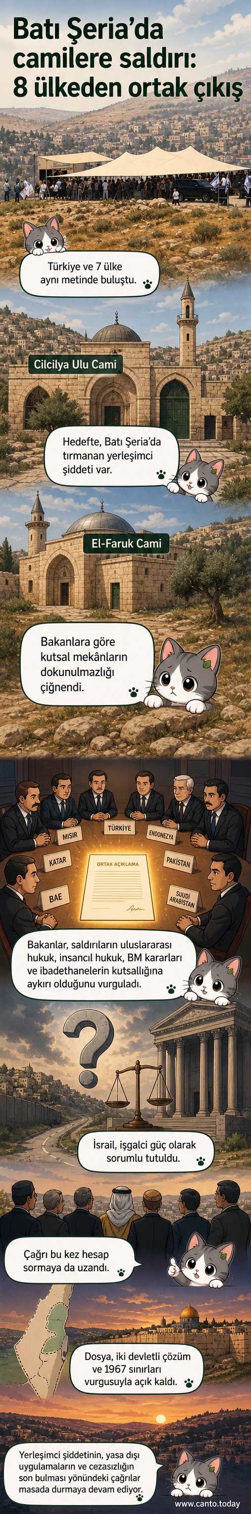 Harita üzerinde Batı Şeria bölgesi vurgulanmış, etrafında Türkiye, Mısır, Ürdün gibi ülkelerin bayrakları yer alıyor. Altta cami saldırıları ve uluslararası tepkileri temsil eden semboller gösteriliyor.